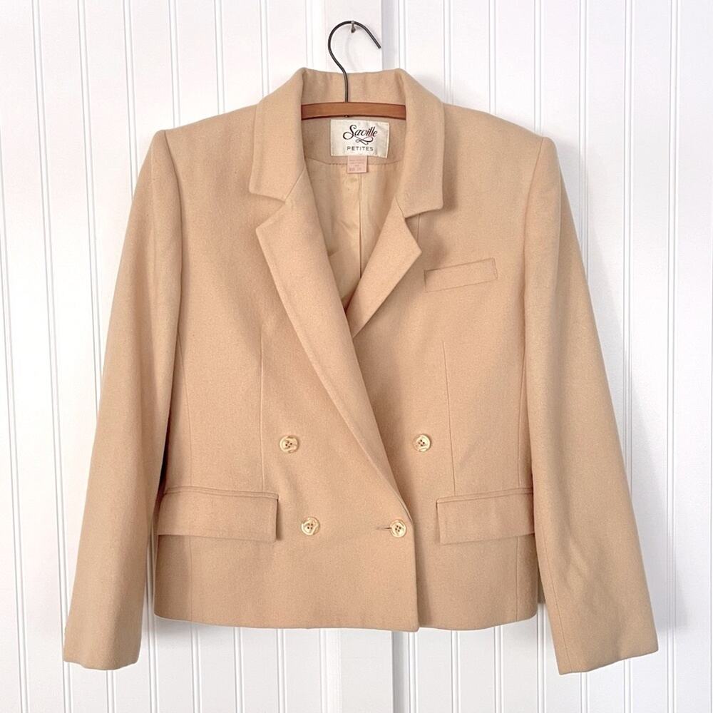 Vintage Cream Wool Cropped Blazer Double Breasted Saville Petite Size 10